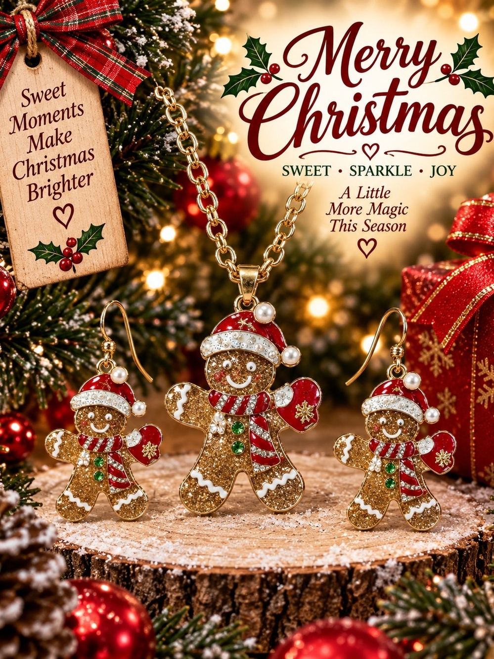 Gold-Tone Gingerbread Pendant & Earring Set with Red Accents